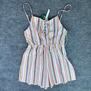 NWT Roxy Womens Endless Love Striped Organic Cotton Romper Lace Up Front Size M